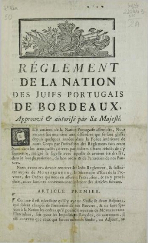 Règlement de la Nation des juifs Portugais de Bordeaux, approuvé et autorisé par sa Majesté [le 14 décembre 1760]